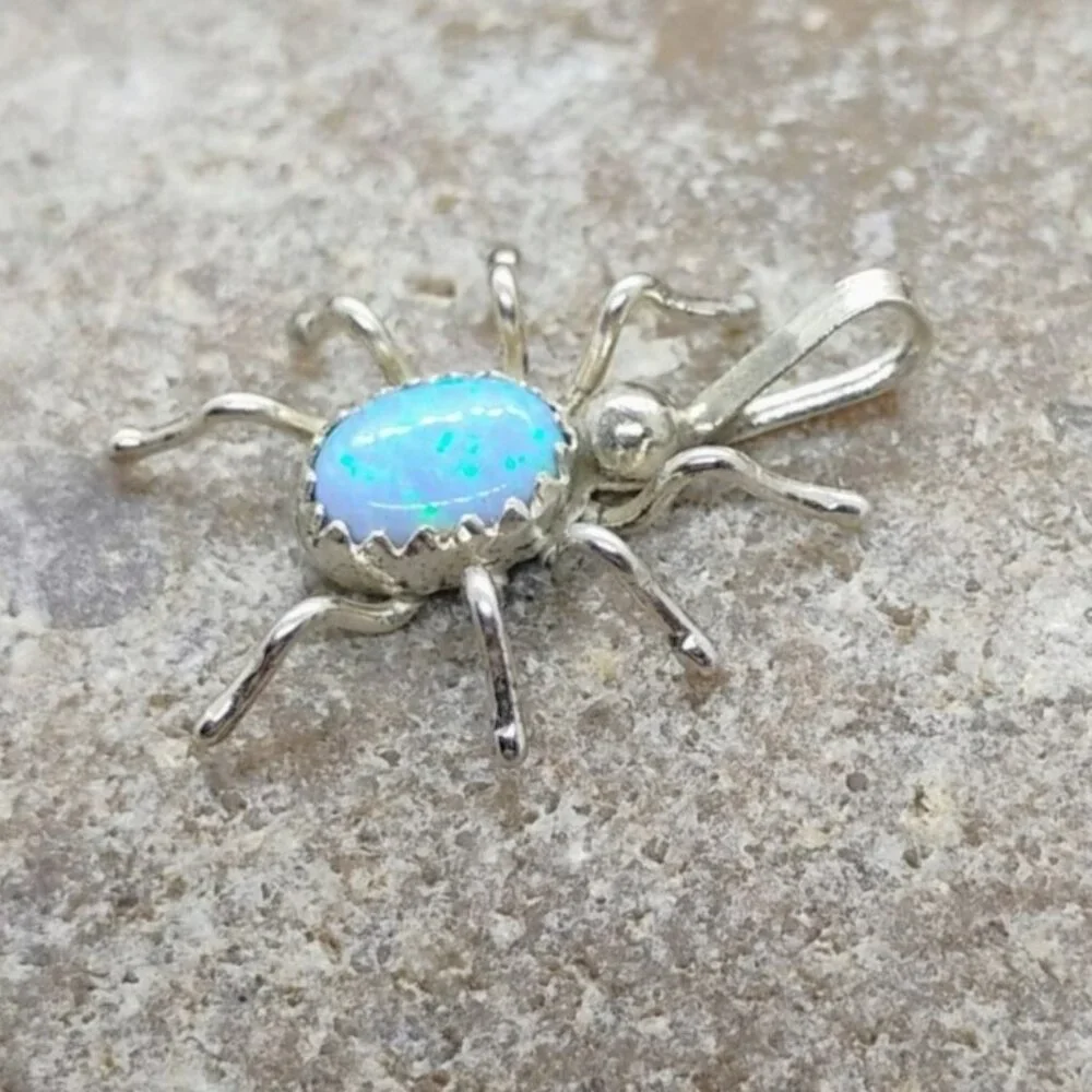 Native Made Sterling Silver Opal Spider Pendant Petite Small Size 3/4" Long - Picture 2 of 5